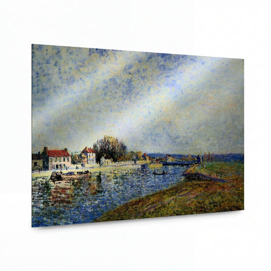 Obraz Alfred Sisley — The Dam, Loing Canal at Saint-Mammes — umělecký kovový obraz s vysokým leskem — umělecký kovový obraz s vysokým leskem