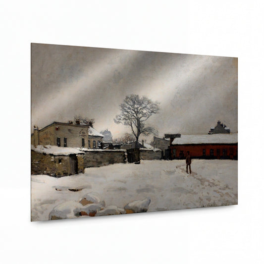 Obraz Alfred Sisley — Under the Snow - the Farmyard at Marly-le-Roi — lesklý kovový obraz — lesklý kovový obraz