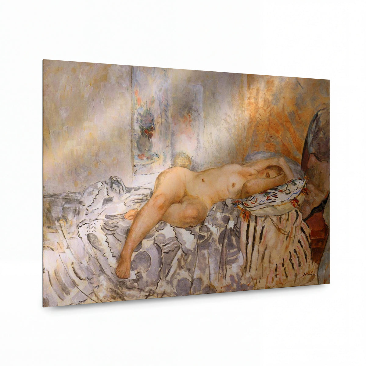 Obraz Henri Lebasque — Nude on Spanish Blanket — reprodukce na kovovém panelu s vysokým leskem — reprodukce na kovovém panelu s vysokým leskem
