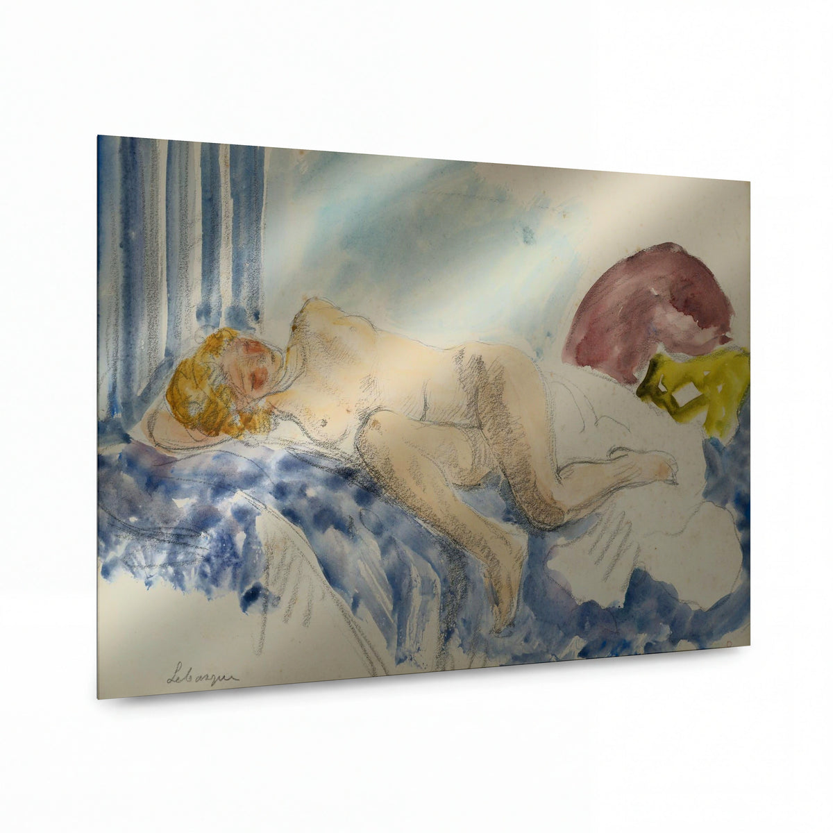 Obraz Henri Lebasque — Young Woman on Blue Sofa — reprodukce na lesklém hliníkovém panelu — reprodukce na lesklém hliníkovém panelu