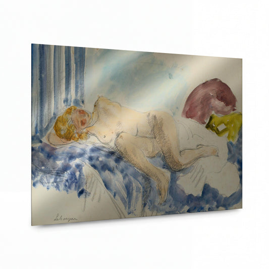 Obraz Henri Lebasque — Young Woman on Blue Sofa — reprodukce na lesklém hliníkovém panelu — reprodukce na lesklém hliníkovém panelu