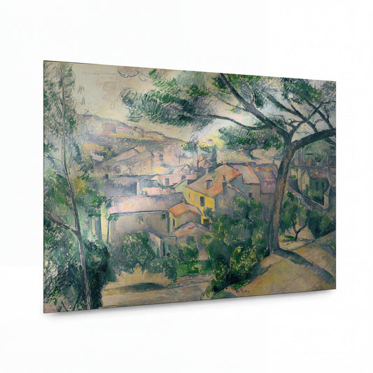 Obraz Paul Cézanne — Morning View of L'Estaque against the Sunlight — kovová reprodukce s vysokým leskem — kovová reprodukce s vysokým leskem