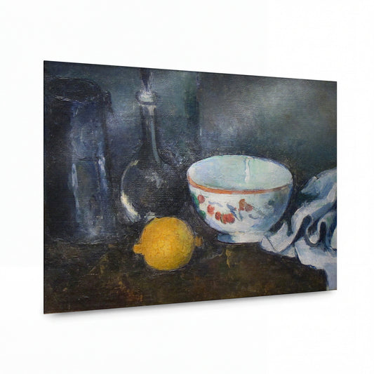 Obraz Paul Cézanne — Zátiší v modrém s citronem — kovový obraz s vysokým leskem — kovový obraz s vysokým leskem