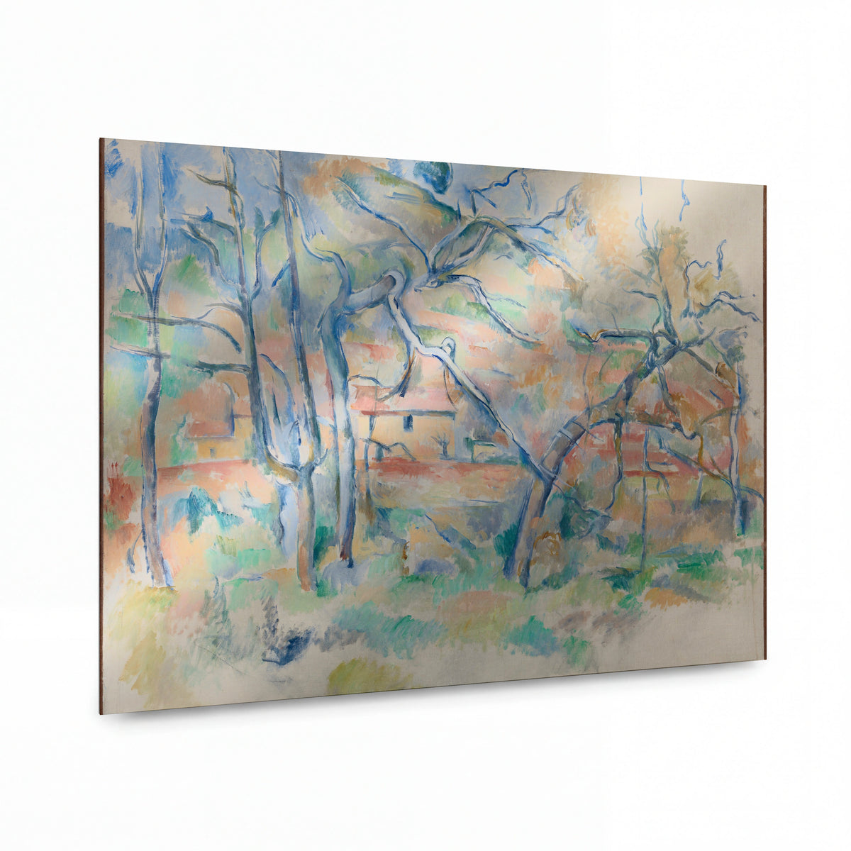 Obraz Paul Cézanne — Stromy a domy v Provenci — lesklý kovový obraz — lesklý kovový obraz