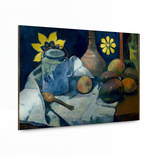 Obraz Paul Gauguin — Still Life with Teapot and Fruit — kovová reprodukce s vysokým leskem — kovová reprodukce s vysokým leskem