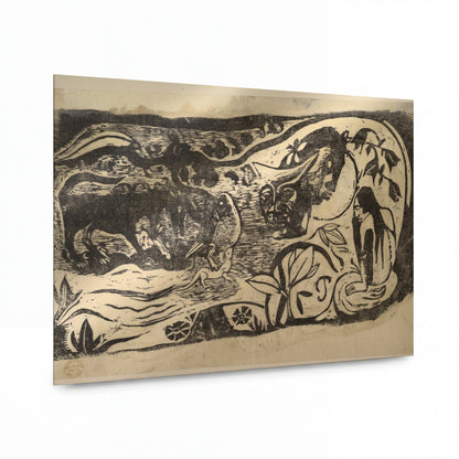 Obraz Paul Gauguin — Woodcut with a Horned Head — prémiová reprodukce na kovovém panelu — prémiová reprodukce na kovovém panelu
