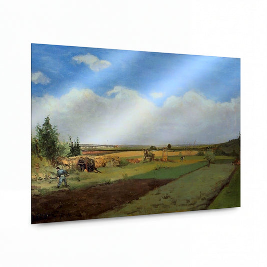 Obraz Paul Gauguin — Working in a Field — reprodukce na lesklém hliníkovém panelu — reprodukce na lesklém hliníkovém panelu