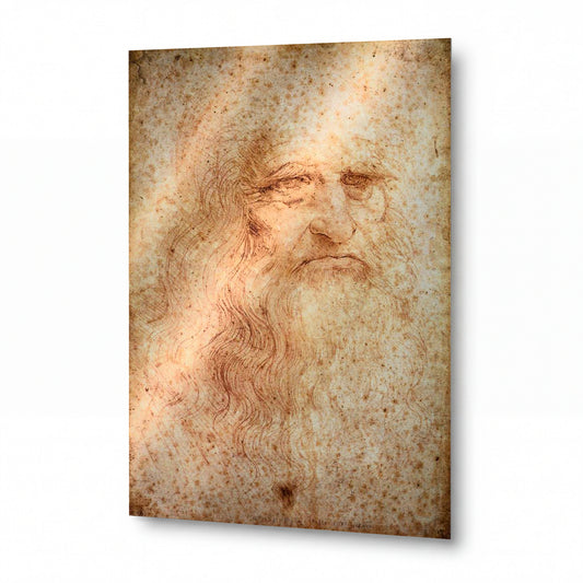Obraz Leonardo da Vinci — Autoportrét starého muže s vousy — umělecká reprodukce na hliníku — umělecká reprodukce na hliníku