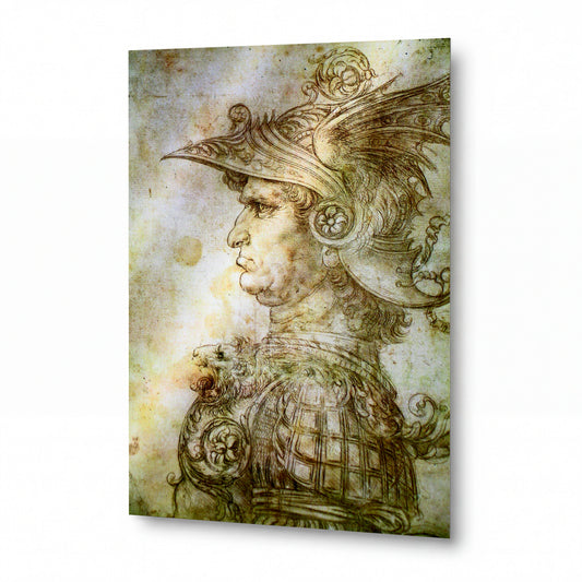 Obraz Leonardo da Vinci — Válečník v bohatě zdobené přilbě — prémiová reprodukce na kovovém panelu
