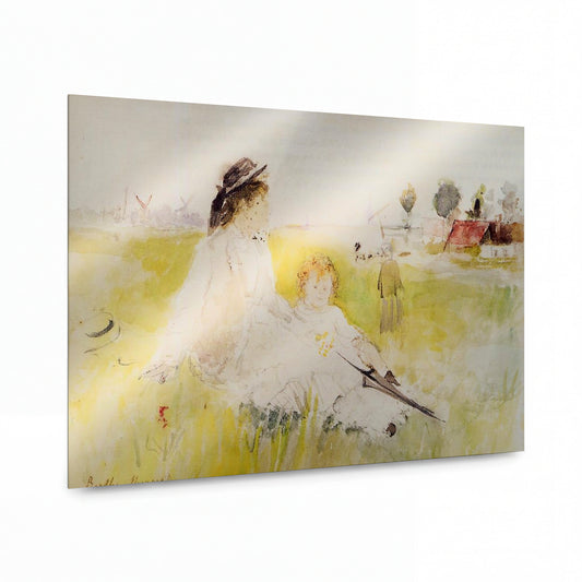Obraz Berthe Morisot — Dívka a dítě na trávě — kovový obraz na hliníkovém panelu — kovový obraz na hliníkovém panelu