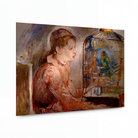 Obraz Berthe Morisot — Young Girl and the Budgie — reprodukce na lesklém hliníkovém panelu — reprodukce na lesklém hliníkovém panelu