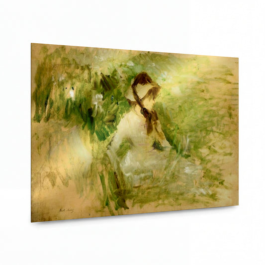 Obraz Berthe Morisot — Young Woman Sitting on the Grass — lesklý obraz na hliníku — lesklý obraz na hliníku