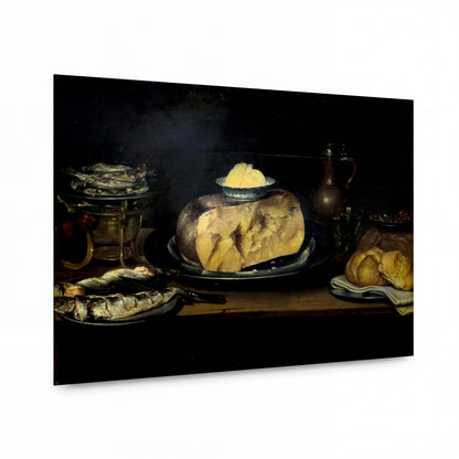 Obraz Alexander Adriaenssen — Still-life with cheese, sausage, fish and bread — luxusní reprodukce na kovu — luxusní reprodukce na kovu