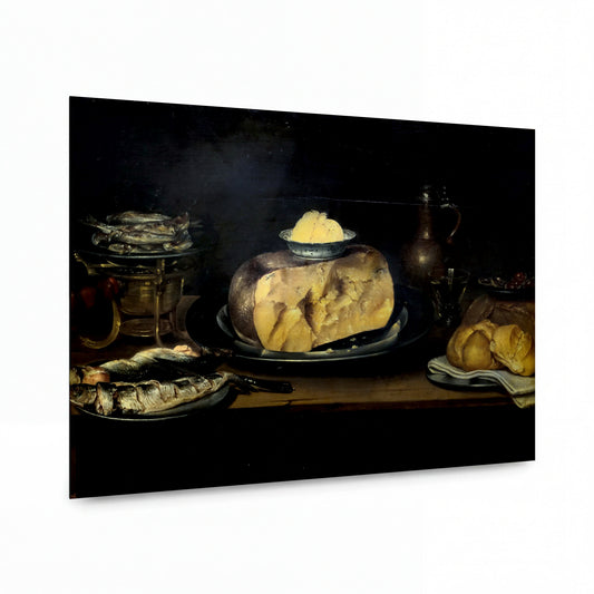 Obraz Alexander Adriaenssen — Still-life with cheese, sausage, fish and bread — luxusní reprodukce na kovu — luxusní reprodukce na kovu
