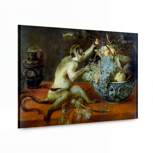 Obraz Frans Snyders — Still life with a monkey — kovová reprodukce s vysokým leskem — kovová reprodukce s vysokým leskem