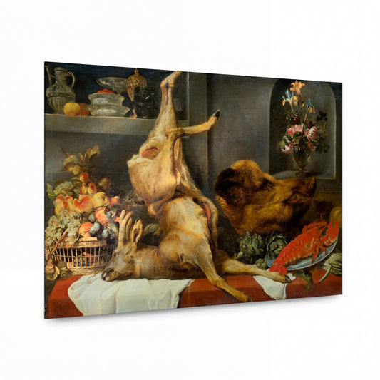 Obraz Frans Snyders — Zátiší s jelenem a hlavou divokého kance, humrem a ovocem — prémiová reprodukce na kovovém panelu