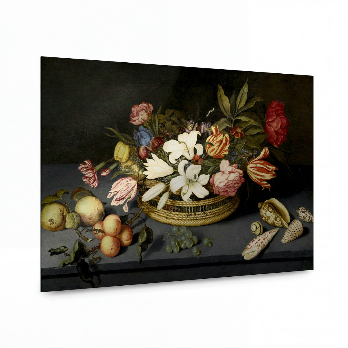 Obraz Johannes Bosschaert — Basket with flowers, fruit and sea shells — lesklý kovový obraz — lesklý kovový obraz