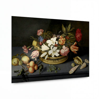 Obraz Johannes Bosschaert — Basket with flowers, fruit and sea shells — lesklý kovový obraz — lesklý kovový obraz