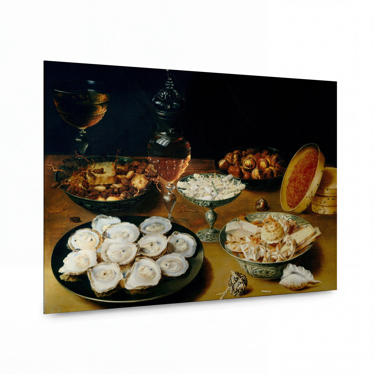 Obraz Osias Beert I — Still Life with oysters, fruit and wine — reprodukce na lesklém hliníkovém panelu — reprodukce na lesklém hliníkovém panelu