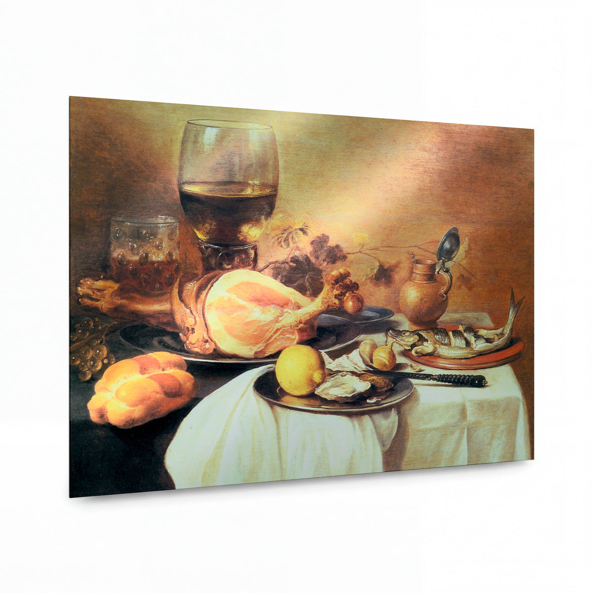 Obraz Pieter Claesz — Breakfast with ham — reprodukce na lesklém hliníkovém panelu — reprodukce na lesklém hliníkovém panelu