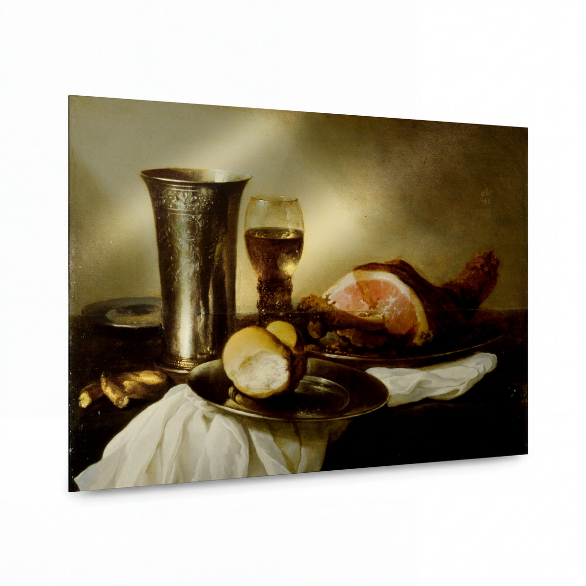 Obraz Pieter Claesz — Breakfast with ham — prémiová reprodukce na kovovém panelu — prémiová reprodukce na kovovém panelu