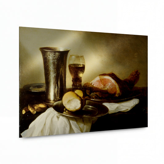 Obraz Pieter Claesz — Breakfast with ham — prémiová reprodukce na kovovém panelu — prémiová reprodukce na kovovém panelu