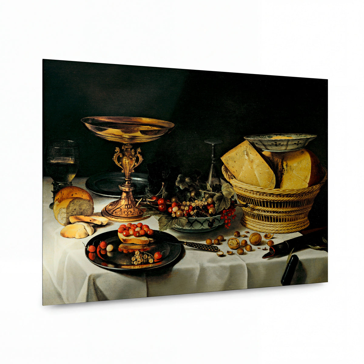 Obraz Pieter Claesz — Zátiší s košíkem sýrů — reprodukce na lesklém hliníkovém panelu — reprodukce na lesklém hliníkovém panelu