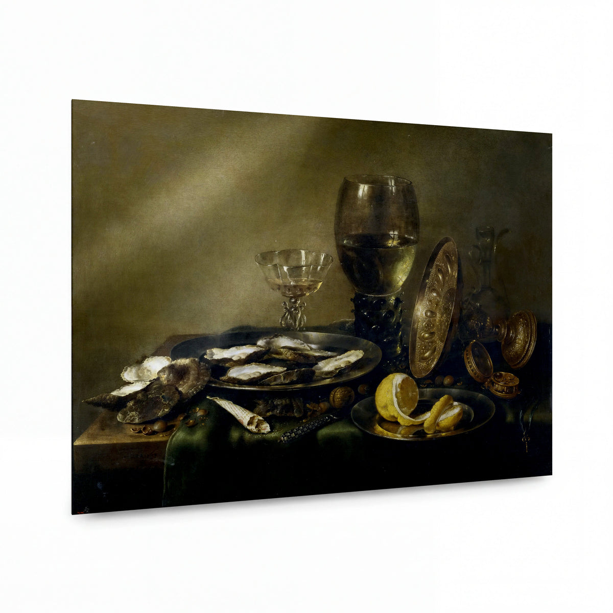 Obraz Willem Claesz — Zátiší se stříbrným nádobím a ústřicemi — kovový obraz s vysokým leskem