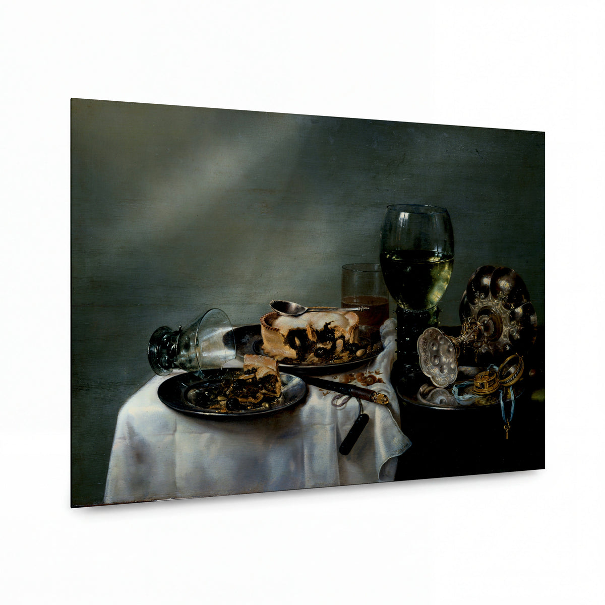 Obraz Willem Claesz — Still life with dishes and blackberry pie — umělecká reprodukce na hliníku — umělecká reprodukce na hliníku