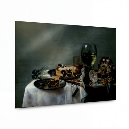 Obraz Willem Claesz — Still life with dishes and blackberry pie — umělecká reprodukce na hliníku — umělecká reprodukce na hliníku