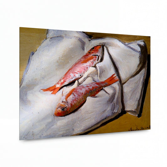 Obraz Claude Monet — Dvě ryby na bílém ubrousku — reprodukce na kovovém panelu s vysokým leskem