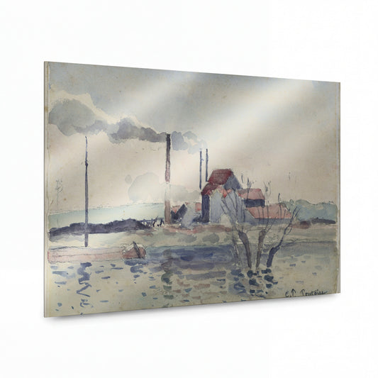 Obraz Camille Pissarro — Továrna na řece Oise v Pontoise — umělecká reprodukce na hliníku — umělecká reprodukce na hliníku