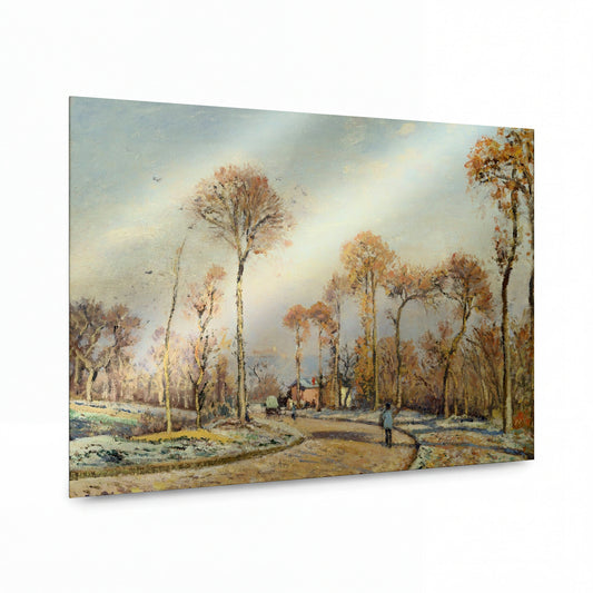 Obraz Camille Pissarro — The Road to Versailles, Louveciennes - Morning Frost, 1871 — reprodukce na kovovém panelu s vysokým leskem