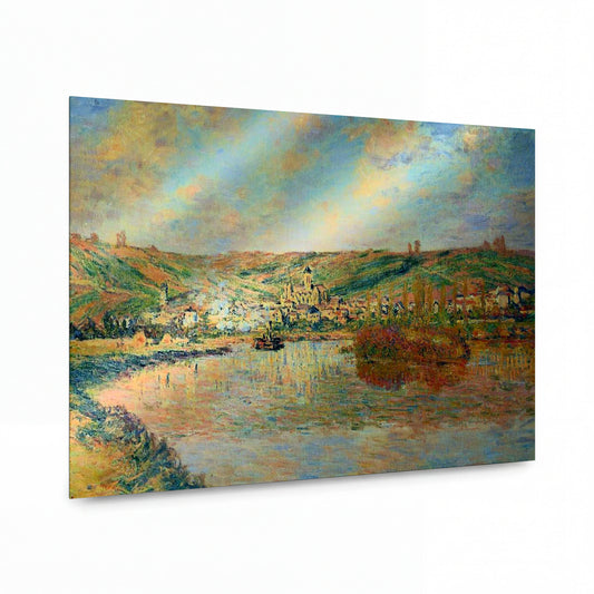 Obraz Claude Monet — Městečko u řeky v krajině — reprodukce na kovovém panelu s vysokým leskem