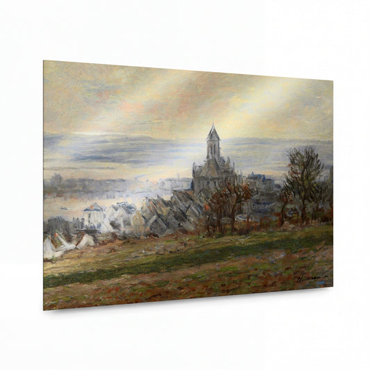 Obraz Claude Monet — Pohled na městečko s kostelem — lesklý obraz na hliníku