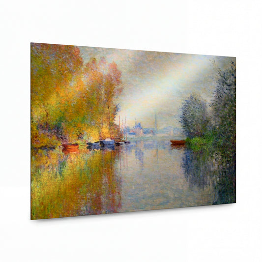 Obraz Claude Monet — Podzimní krajina s řekou a čluny — umělecký kovový obraz s vysokým leskem — umělecký kovový obraz s vysokým leskem