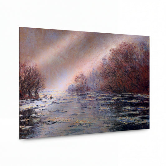 Obraz Claude Monet — Zamrzlá řeka s ledem a stromy v zimním ránu — reprodukce na kovovém panelu s vysokým leskem