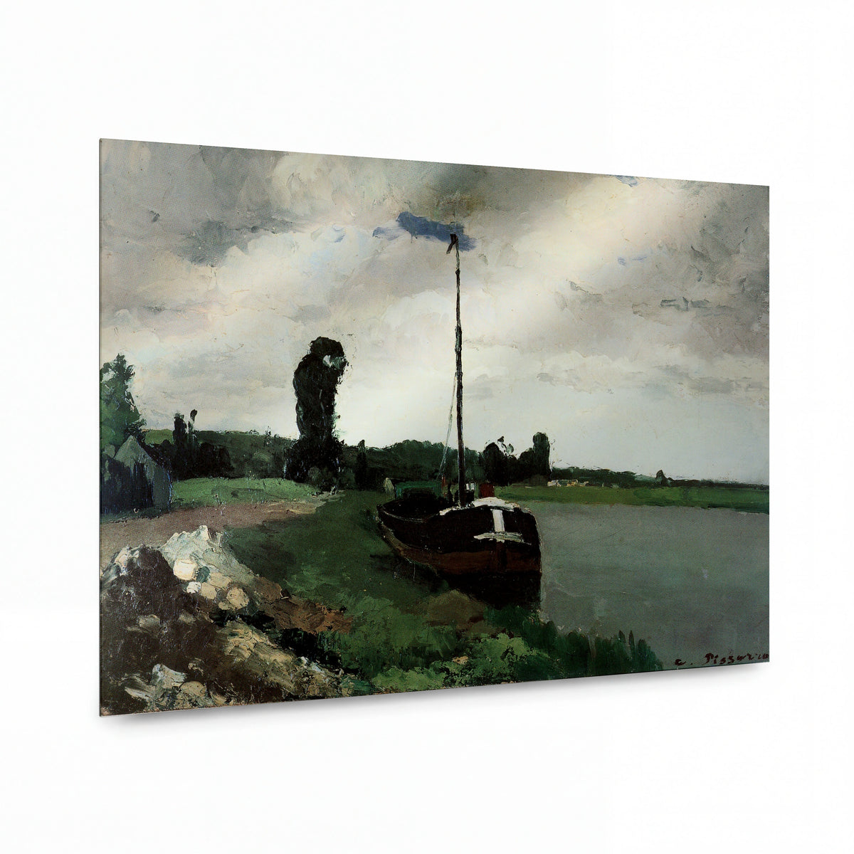 Obraz Camille Pissarro — Banks of the River, Pontoise — lesklý kovový obraz — lesklý kovový obraz