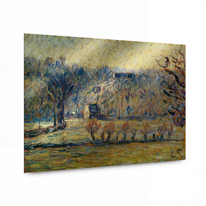 Obraz Camille Pissarro — The Coast at Vaches-Bazincourt - Snow Effect — kovový obraz na hliníkovém panelu