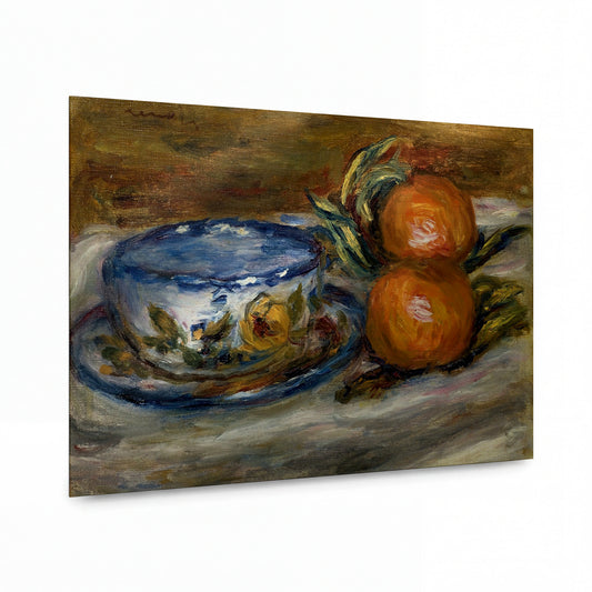 Obraz Pierre-Auguste Renoir — Cup and Two Fruit — kovový obraz s vysokým leskem — kovový obraz s vysokým leskem