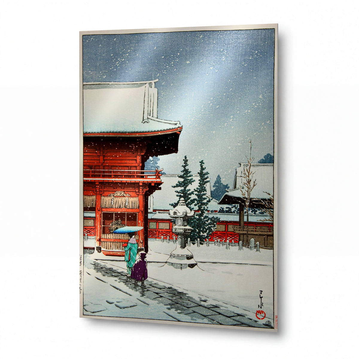 Obraz Kawase Hasui — Zasněžený japonský chrám — lesklý kovový obraz — lesklý kovový obraz