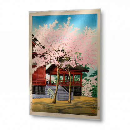 Obraz Kawase Hasui — Chrámová zahrada s rozkvetlými sakurami — kovový obraz na hliníkovém panelu