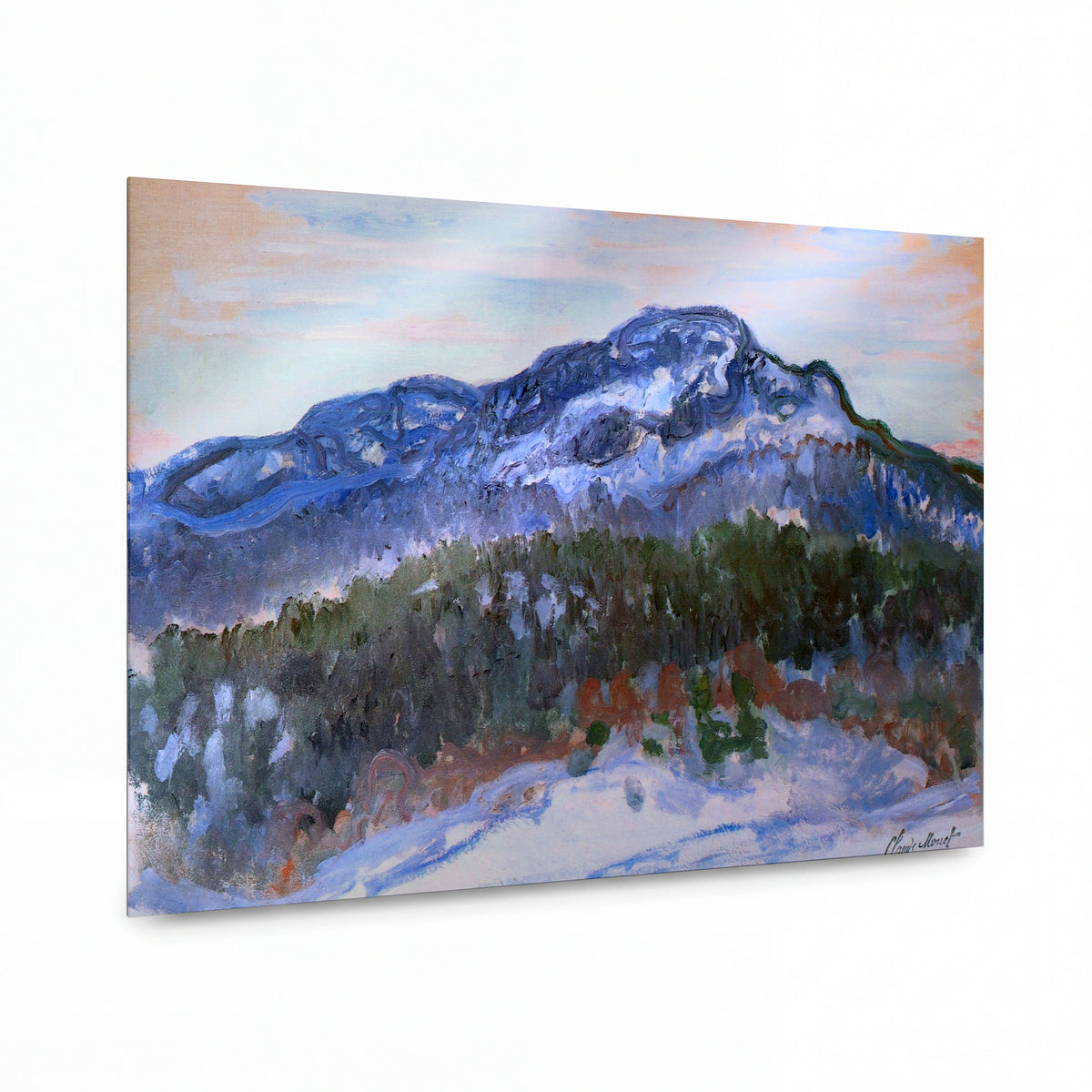 Obraz Claude Monet — Zasněžená hora s lesem — kovový obraz na hliníkovém panelu