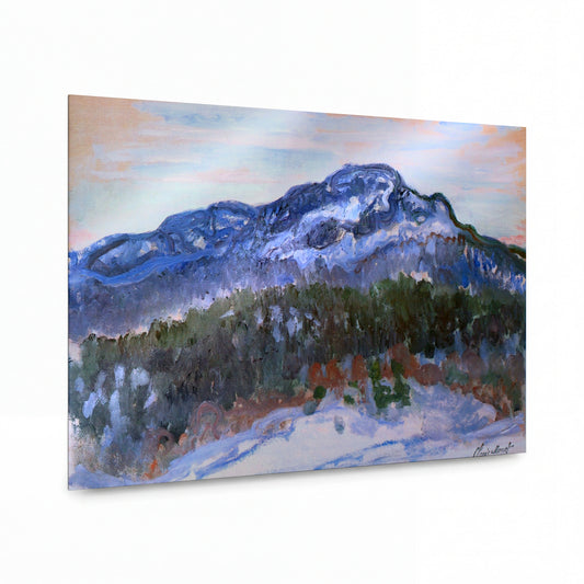 Obraz Claude Monet — Zasněžená hora s lesem — kovový obraz na hliníkovém panelu