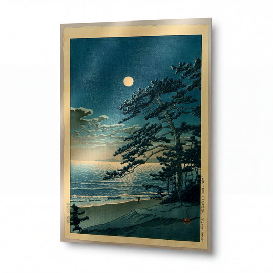 Obraz Kawase Hasui — Měsíční noc u mořského pobřeží s borovicemi — lesklý obraz na hliníku — lesklý obraz na hliníku