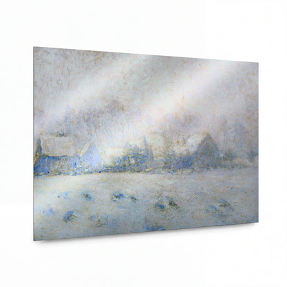 Obraz Claude Monet — Zasněžená vesnice v mlze — reprodukce na kovovém panelu s vysokým leskem