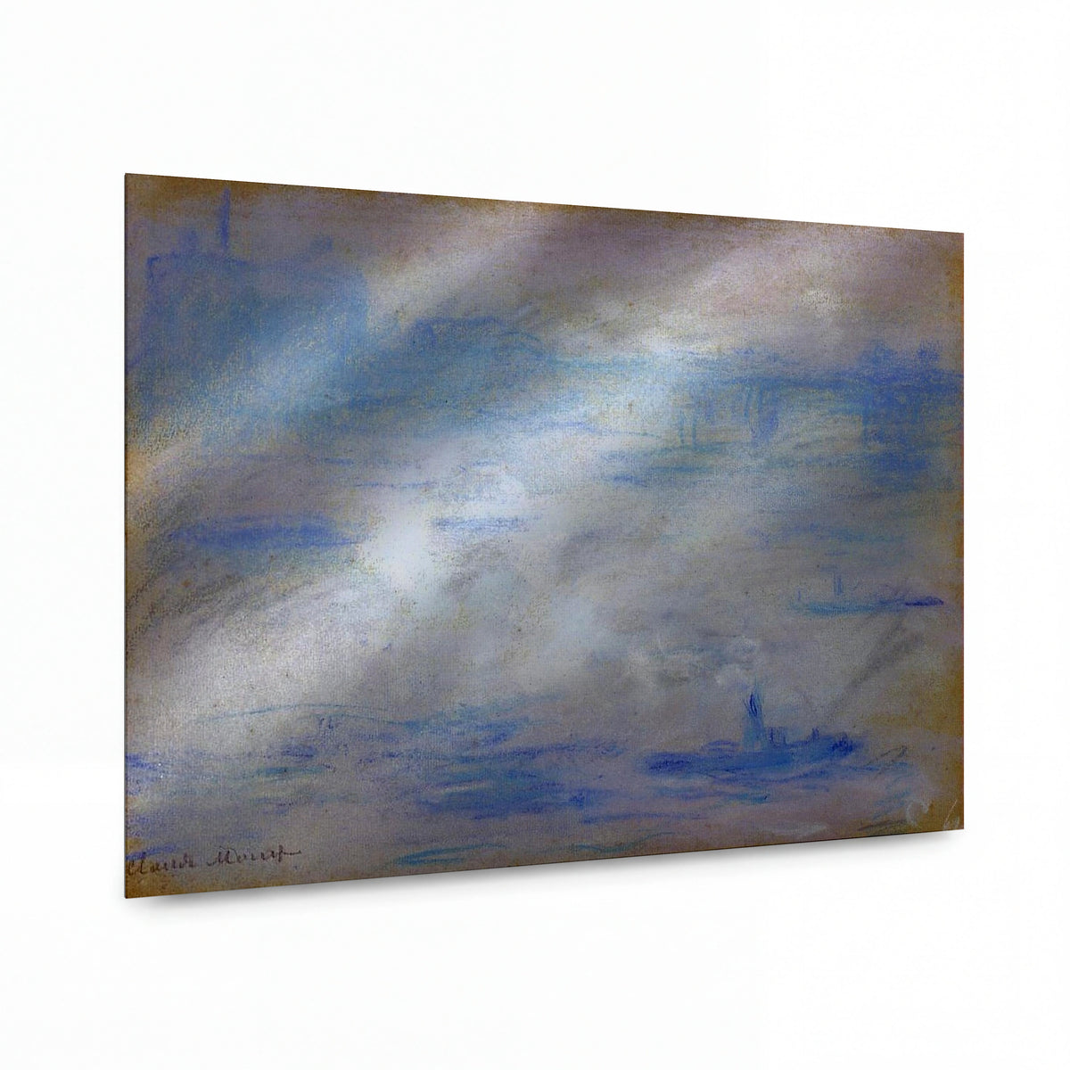 Obraz Claude Monet — Mlhavá krajina s lodí na řece — kovová reprodukce s vysokým leskem