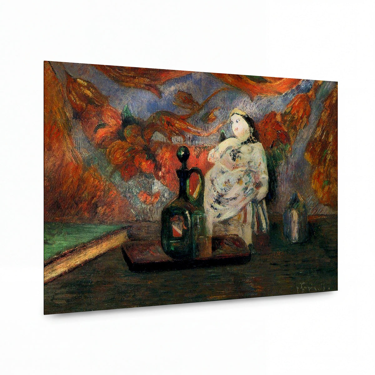 Obraz Paul Gauguin — Still Life with Carafe and Ceramic Figure — reprodukce na lesklém hliníkovém panelu — reprodukce na lesklém hliníkovém panelu