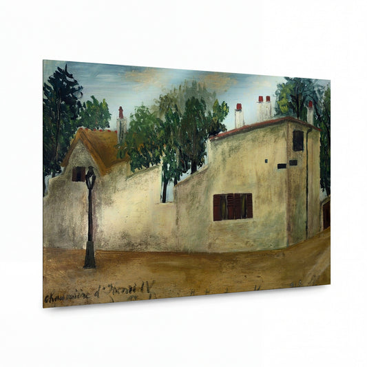 Obraz Maurice Utrillo — The House of Berlioz with Thatched Roof on Montmartre — reprodukce na kovovém panelu s vysokým leskem — reprodukce na kovovém panelu s vysokým leskem