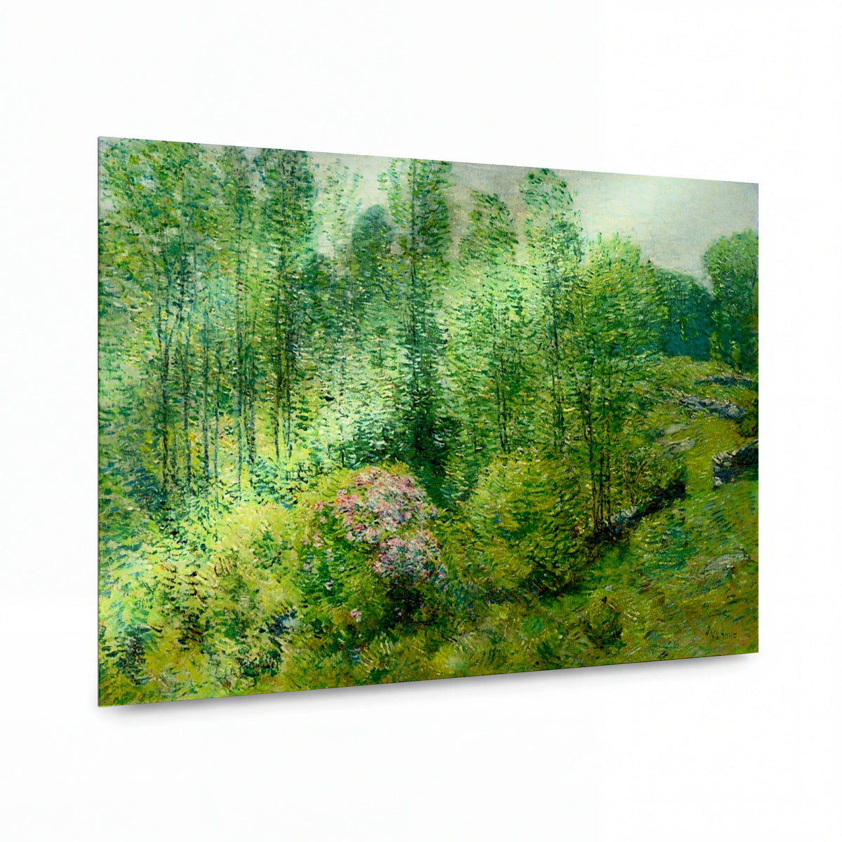 Obraz Frederick Childe Hassam — Spring Landscape with a Farmer and White Horse — hliníkový panel s vysokým leskem — hliníkový panel s vysokým leskem